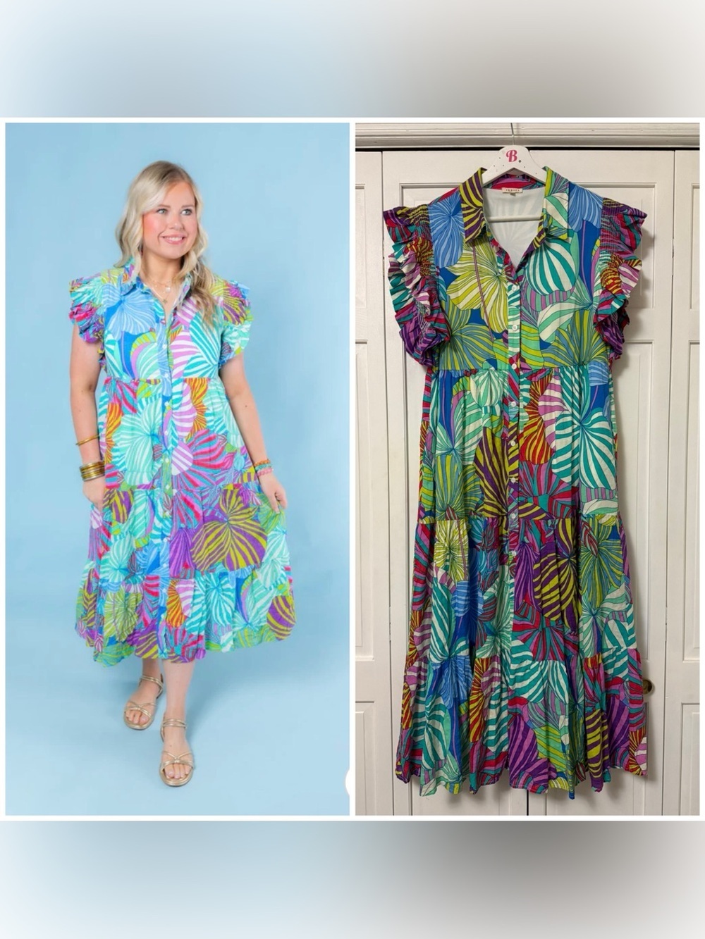 JODIFL Vibrant Multicolor Floral Full Button Down Flutter Sleeve Midi Dress